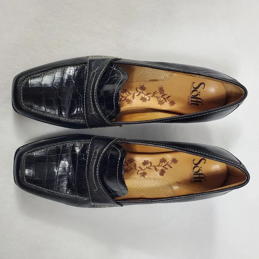 Sofft‎ Black Faux Croc Embossed Leather Kitten Heel Loafers Size 7.5 M - Picture 4 of 9
